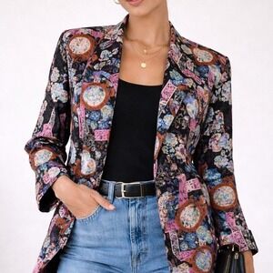 Vintage Floral Satin Blazer Sz S Black Maximalist Jacket Statement‎ Feminine Art